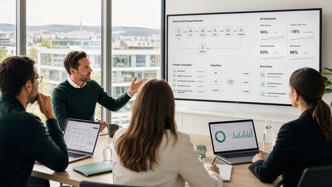 Workshop: Ein Berater erklärt einem Team ein End-to-End-Prozessmodell mit KPI-Dashboard am Bildschirm.